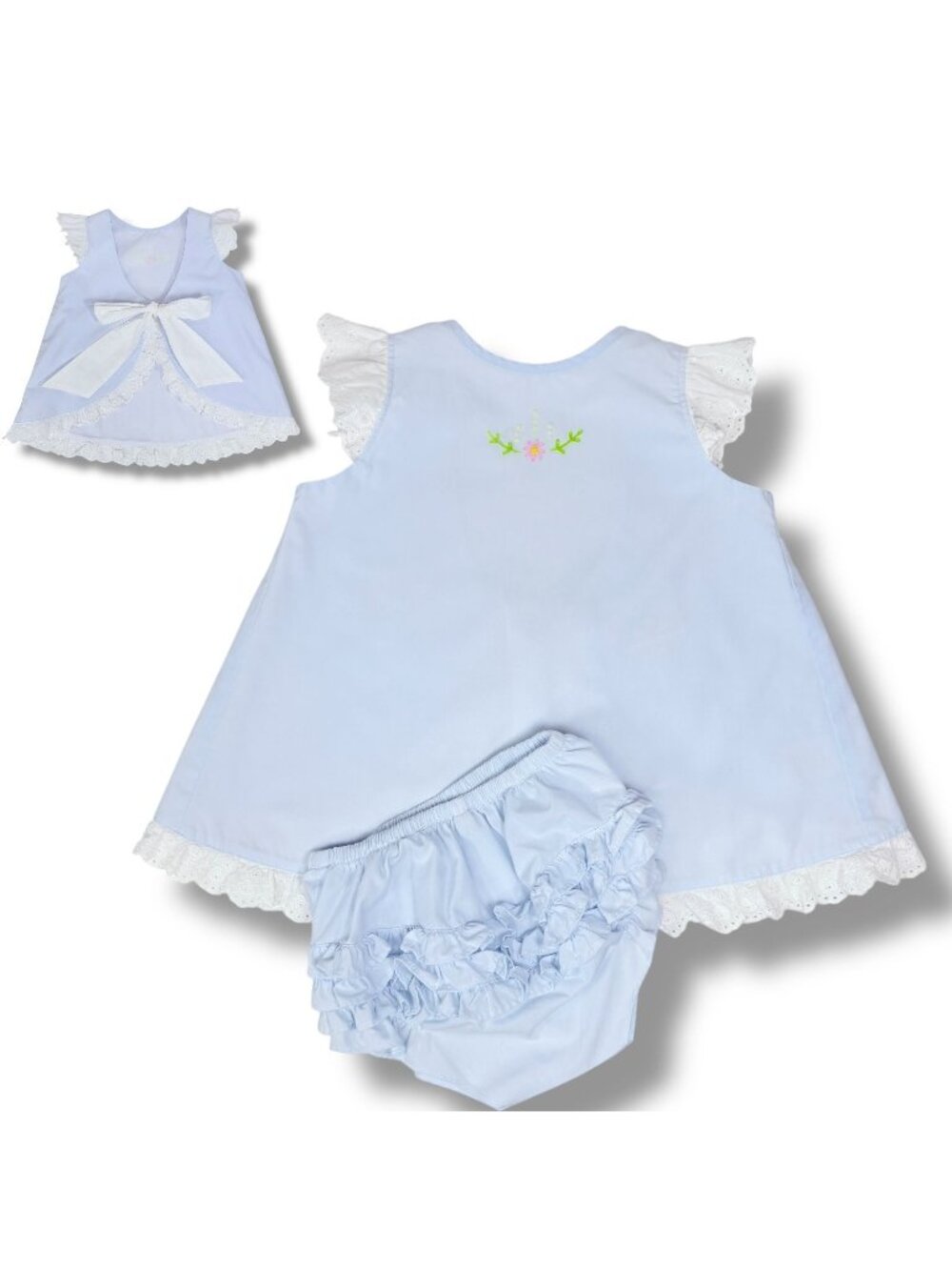Proper Peony Blue Embroidered Open Swing Back Matching Ruffle Outfit Set 2T
